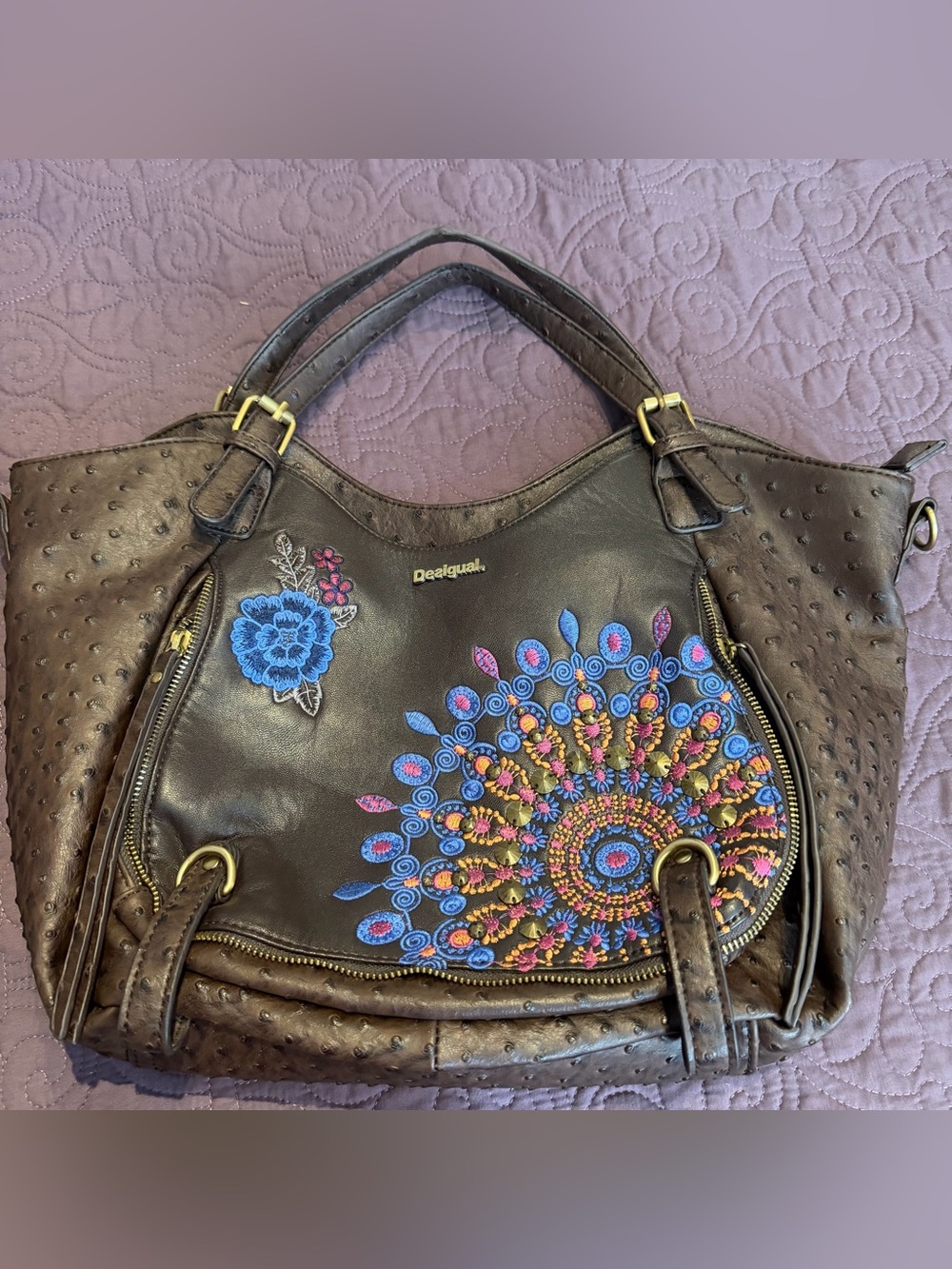 Desigual Brown Purse Embroidered, Boho Design, Large